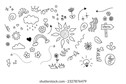 Hand drawn set of doodle elements. This illustration in sketch style.  Hearts, clouds, sun, flowers, leaves, arrows, stars, rainbows, signs and crowns. This vector isolated on white backgroud