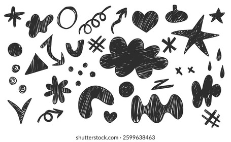 Hand drawn set of doodle elements. Black and white vector illustration.
