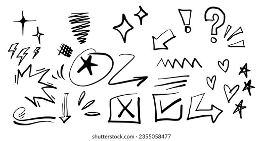 Hand drawn set of doodle emphasis elements. sparkling, flash, star, love, arrow. isolated on white background. vector illustration