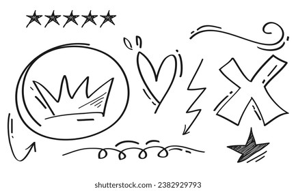 Hand drawn set of doodle emphasis elements. star, crown, love, arrow. isolated on white background. vector illustration