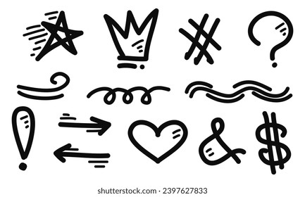 Hand drawn set of doodle emphasis elements. star, crown, love, arrow. isolated on white background. vector illustration