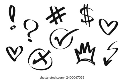 Hand drawn set of doodle emphasis elements. dollar, check mark, crown, love, arrow. isolated on white background. vector illustration