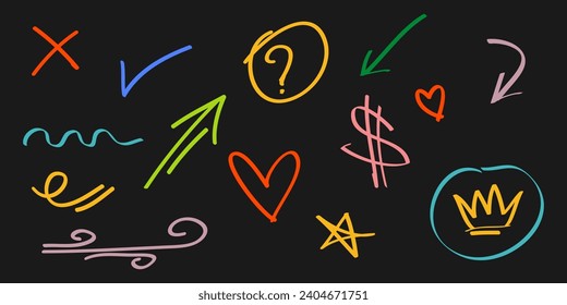 Conjunto dibujado a mano de elementos de énfasis de doodle. dólar, marca de verificación, corona, amor, flecha. aislado en el fondo negro. ilustración vectorial