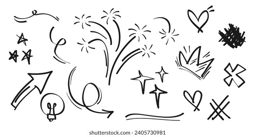 Hand drawn set of doodle emphasis design elements. Crown, love, arrow. curly swishes, swoops, swirl, arrow, heart, star, sparkle, firework. used for infographic concept design