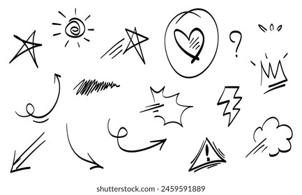 Conjunto dibujado a mano de Elementos de diseño de énfasis de garabato. Corona, flecha, flash, susurros, exclamación, hashtag. utilizado para el diseño de conceptos de infografía