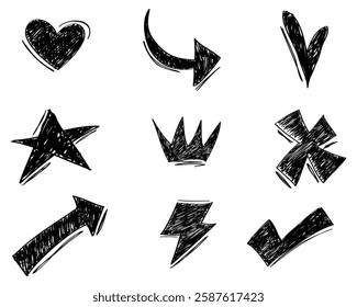 Hand drawn set of doodle emphasis design elements. Crown, love, arrow, star, checklist. used for infographic concept design