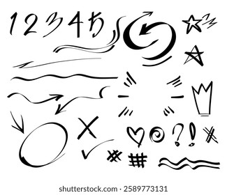 Hand drawn set of doodle emphasis design elements. Crown, arrow, heart, exclamation, star, number. used for infographic concept design