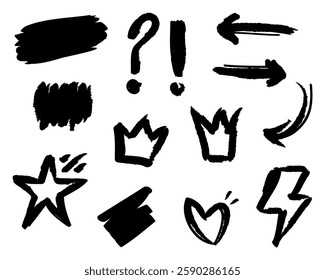 Hand drawn set of doodle emphasis design elements. Crown, arrow, heart, exclamation, star, flash and brush. used for infographic concept design