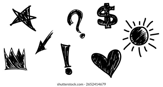 Hand drawn set of doodle emphasis design elements. Crown, heart, arrow, star, dollar, exclamation and sun. used for infographic concept design