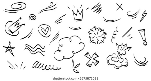 Conjunto desenhado à mão de elementos de design de ênfase de doodle. corações, Coroa, nuvens, flash, swishes, exclamation, star, scribble. usado para design de conceito infográfico