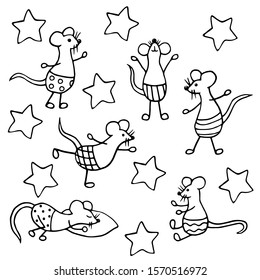 Hand drawn set of Doodle funny cute mice in underpants, coloring page for kids and adults, 2020 symbol