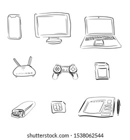 Hand drawn set with doodle gadgets for concept design. Illustration isolated white background. Outline object. Modern design element. Graphic multimedia communication. Business concept.