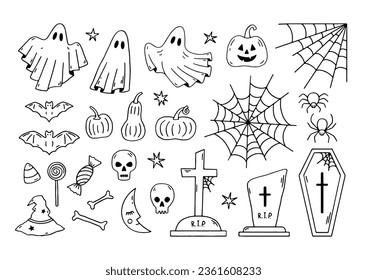 Hand drawn set of doodle Halloween elements: ghost, bat, skull, bone, spider, cobweb, moon, pumpkin, candies, witch hat, gravestone and coffin. Cute vector collection for festive design. Flat art