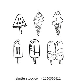 Hand drawn set of doodle ice cream waffle cone. Sketch style vector illustration for cafe menu, card, birthday card decoration.  