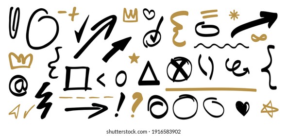 Conjunto dibujado a mano de iconos de doodle, flechas y garabatos. Conjunto de elementos de diseño.
