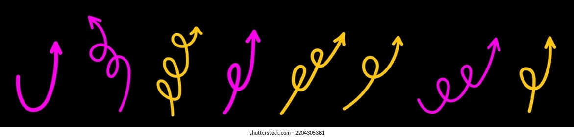 Hand Drawn set of doodle pink and yellow arrows on black background. Vector doodle line arrows 