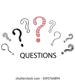 Hand drawn set of doodle question marks. Vector illustration for your icon, background, wallpaper design. Cartoon sketch style interrogation ask questions drawn by pen and marker.