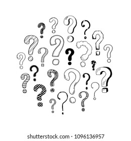 Hand drawn set of doodle question marks. Vector illustration for your icon, background, wallpaper design. Cartoon sketch style interrogation ask questions drawn by pen and marker.