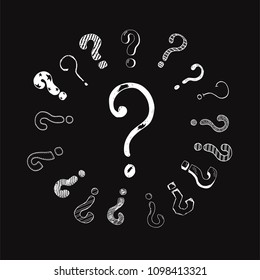 Hand drawn set of doodle question marks. Vector illustration for your icon, background, wallpaper design. Cartoon sketch style interrogation ask questions drawn by pen and marker.