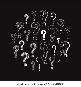 Hand drawn set of doodle question marks. Vector illustration for your icon, background, wallpaper design. Cartoon sketch style interrogation ask questions drawn by pen and marker.