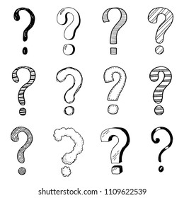 Hand drawn set of doodle question marks. Vector illustration for your icon, background, wallpaper design. Cartoon sketch style interrogation ask questions drawn by pen and marker.