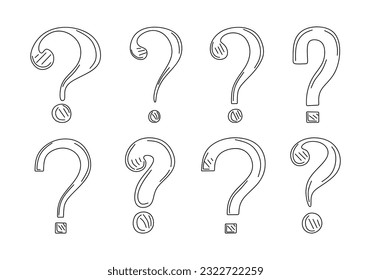 Hand drawn set of doodle question marks. Sketch interrogation signs isolated on white background. Outline drawing of exclamation marks. Elements in black line. Vector illustration