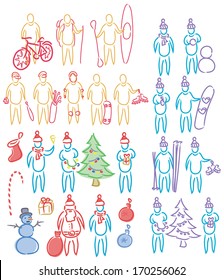 hand drawn set of doodle shapes of humans, celebration christmas, playing summer and winter sport games