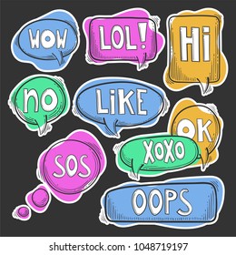 Hand drawn set, doodle speech bubbles with text words - lol, hi, wow, omg, sos, oops, no, yes, huh, ok, like, xoxo. On dark background. Vector image.