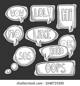 Hand drawn set, doodle speech bubbles with text words - lol, hi, wow, omg, sos, oops, no, yes, huh, ok, like, xoxo. On dark background. Vector image.
