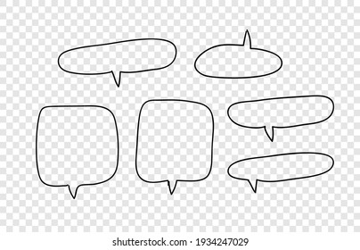 Hand drawn set of doodle speech bubbles. Vector pop art objects on transparent background