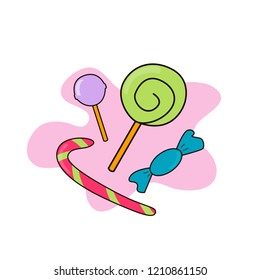 Hand drawn set in doodle style with candies and lollipops. Vector illustration suitable for templates, posters, greeting cards.