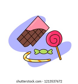 Hand drawn set in doodle style with candies, chocolate and lollipop. Vector illustration suitable for templates, posters, greeting cards.