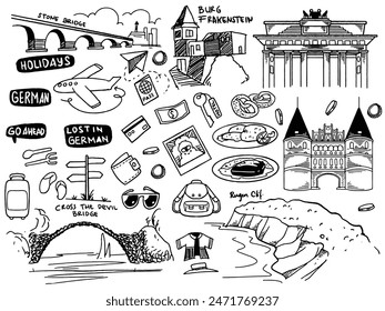 Conjunto dibujado a mano de doodle viaje a Alemania conjunto de viaje de perfil doodle turismo y aventura de verano iconos en el estilo blanco negro aislado sobre fondo blanco.