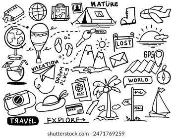 Hand drawn set of doodle travel to france set travel outline doodle Tourism and summer adventure icons in black white style isolated on white background.