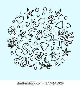 Hand drawn set of doodles elements: shells, octopuses, bubbles. Marine life.