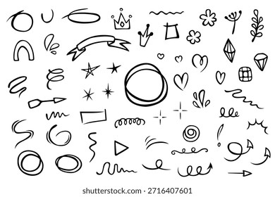 Handgezeichneter Satz von Doodles. Vektorgrafik mit niedlichen Elementen: Herzen, Diamanten, Krone, Blumen, Rahmen und andere.