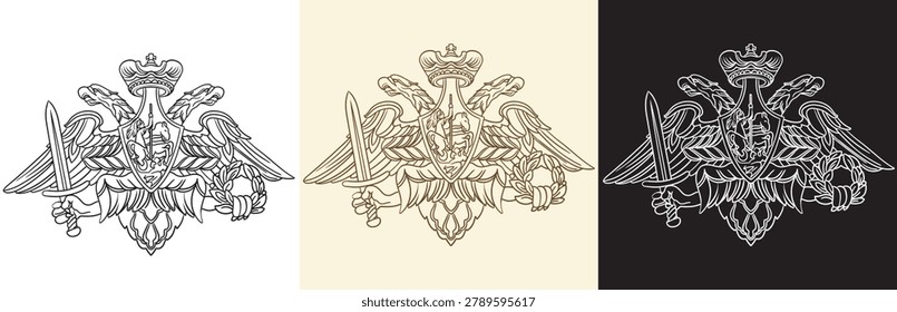 Hand drawn set of double-headed eagle with a sword and a wreath in his legs vector illustration. Graphic design elements. Engraved isolated scroll ornament. For design, print, fabric, invitation