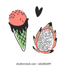 Hand drawn set of dragon fruit and ice cream. Vector artistic drawing food. Summer fashion illustration