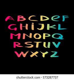 Hand drawn set dry brush style Roman alphabet.  Vector illustration. Color gradient letters on the black background.