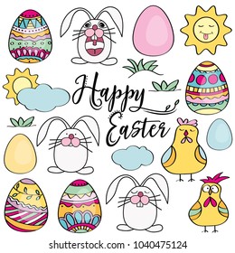 Hand drawn set of Easter design elements. Eggs, chicken, bunny, sun, clouds. Perfect for holiday decoration and spring greeting cards, Vector illustration , isolated on white