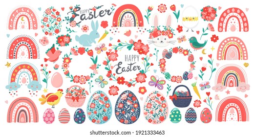Hand drawn set of Easter eggs, chicken, rabbit, bunny, chick in eggshell, flowers, butterfly, wreaths, baskets, carrots, rainbows, hearts, birds, leaves, stars, text. Happy Easter holiday illustration