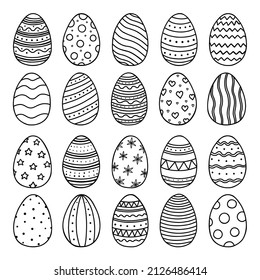 Hand drawn set of Easter eggs doodle. Egg ornaments in sketch style.  Vector illustration isolated on white background.