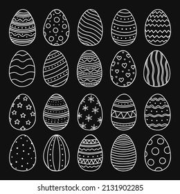 Juego de huevos de Pascua dibujado a mano. Ornamentos de huevo en forma de boceto.  Ilustración vectorial aislada en el fondo negro. 