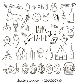 Hand drawn set for Easter isolated on a white background. Vector black doodle spring icons. Happy easter. 
Clip art illustration of Rabbit, chicken, eggs, snowdrop, church, christ and others.