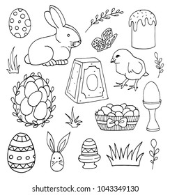Hand drawn set of Easteroutline  elements.  Vector drawings set isolated on white background. EPS10