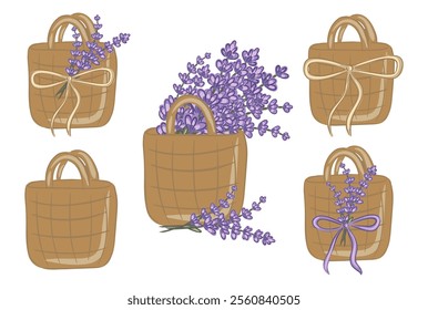 Hand drawn set of eco friendly bags filled with lavender flowers in a creative arrangement