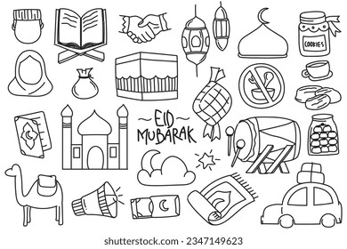 Hand drawn set of Eid Mubarak doodle illustrations. Happy Eid al-Fitr doodle illustrations. Ramadan Sahoor Selamat Hari Raya Idul Fitri