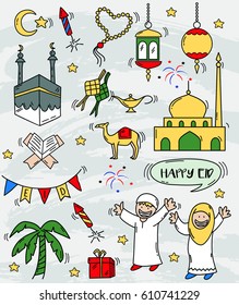 Hand drawn set of Eid mubarak or idul fitri,vector illustration