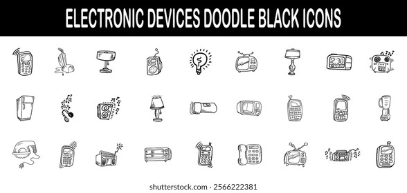 Hand drawn set of electronic devices doodles with black line art.