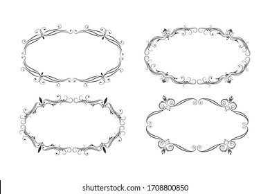 Hand drawn set of elegant oval frames. Curve borders.  Vector isolated classic wedding invitation templates.